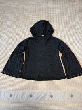 grey light weight hoodie with grommet detail on sleeves, large